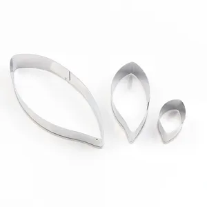 Stainless steel leaf cookie cutter set, detailed close-up view of baking mold tools.