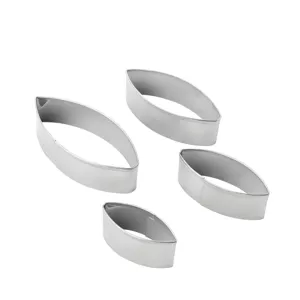Stainless steel petal fondant cookie cutters detail view of four metal baking molds.