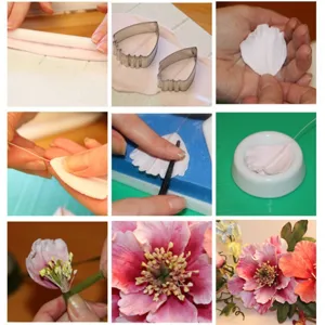 Vue détaillée montrant les instructions étape par étape pour fabriquer des fleurs en sucre.