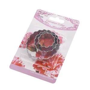 Stainless steel carnation flower cutter detail, fondant baking mold set close up view.