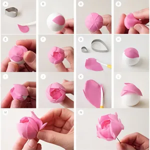Stainless steel flower cutter tutorial showing step by step rose fondant shaping guide.