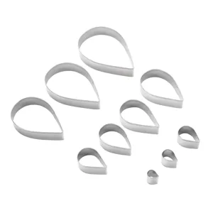 Stainless steel teardrop petal cookie cutter set, detailed view of 10 different pieces.