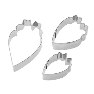 Detailed shot of 3-piece stainless steel peony petal fondant cake cutters for baking.