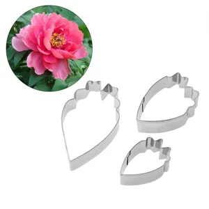 Stainless steel peony petal cookie cutters set of 3 pieces for cake decorating and sugar flower making.