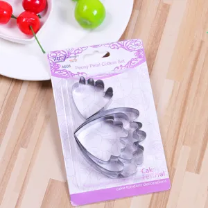 Stainless steel peony petal cutter set for fondant cake decorating, ideal baking tool.