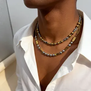 Collier ras du cou en perles d'hématite en acier inoxydable plaqué or et argent bijoux géométriques cadeau pour hommes et femmes