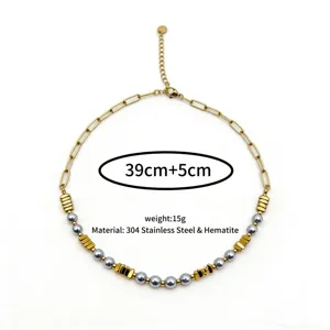 Collier ras de cou en acier inoxydable et hématite 39cm chaîne dorée bijou mode tendance
