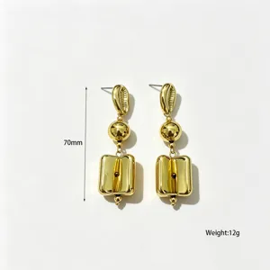 French retro metal dangle earrings featuring geometric square and shell design for stylish women.