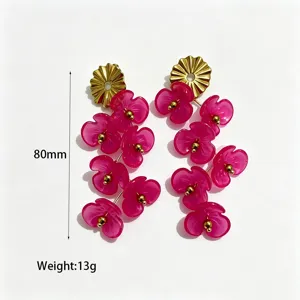Fashion resin flower earrings with metal detail, 80mm long, lightweight 13g per pair, stylish accessory.