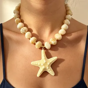 Chunky cream beaded starfish pendant necklace dopamine fashion statement jewelry for women summer beach