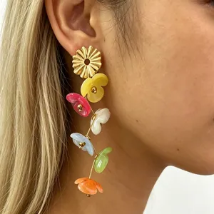 Long Floral Resin Dangle Earrings With Stainless Steel Post Sweet Petal Statement Fashion Jewelry Gift For Women