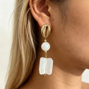 Close-up detail shot of French retro resin square pendant drop earrings worn on ear.