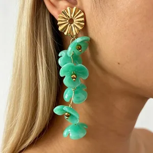 Chic European style flower drop earrings with green resin petals and gold stud design