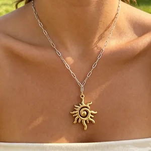 Detailed view of irregular stainless steel sun pendant necklace for women fashion jewelry.
