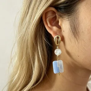 Close-up of French retro color contrast resin dangle earrings with blue white block pendant.