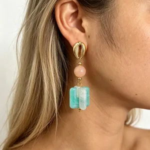 French retro color-blocked resin square earrings with gold shell stud and pink bead detail.