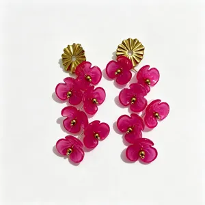 Pink resin flower drop earrings with gold-tone metal studs, sweet floral dangle jewelry for women.