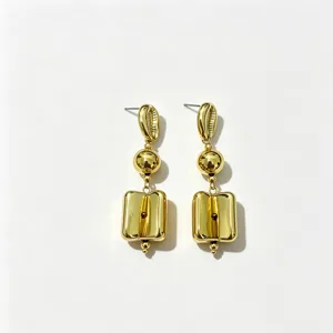 Gold geometric drop earrings with cowrie and rectangle pendants, chic retro style.