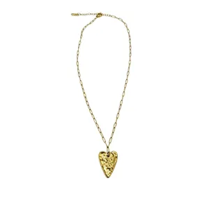 Gold stainless steel textured heart pendant necklace with paperclip chain for women trendy jewelry