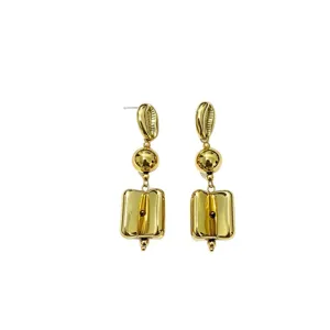 Elegant French vintage gold metal drop earrings with shell and geometric block designs.