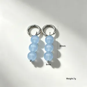 Blue natural stone beaded hoop earrings with metal buckles, unique design, lightweight 7g.