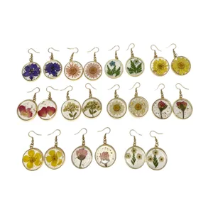 Resin dried flower round drop earrings with stainless steel hooks for botanical natural jewelry