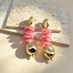 European retro pink floral drop earrings with gold geometric waterdrop charms for women.