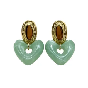 Chic colorful marble heart resin earrings with gold oval sunburst stud for modern women.