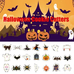Detailed view of assorted Halloween stainless steel cookie cutters featuring ghosts, bats, and pumpkins.