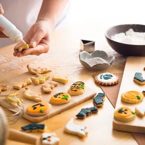 Halloween cookie cutters baking set detail view showing cute festive cookie designs and decorating.