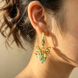 Chic gold-plated metal flower earrings with green bead dangling, stylish summer jewelry.