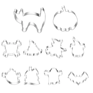 Stainless steel Halloween cookie cutter 10 piece set detail view, baking DIY tools.