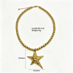 Gouden kralenketting met onregelmatige zeester hanger, chique en modieuze halsketting.