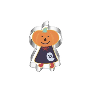 Stainless steel Halloween cookie cutter featuring a cute pumpkin ghost character for baking.