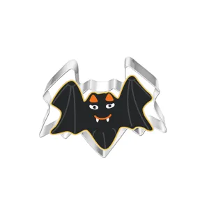 Stainless steel bat cookie cutter close up showing cute cartoon design and smooth metal edge.
