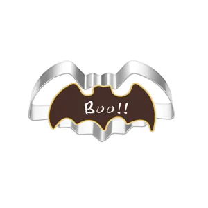 Stainless steel bat cookie cutter detail showing Halloween baking design with Boo text.