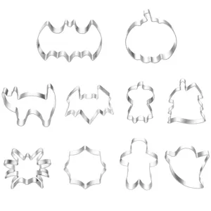 Stainless steel Halloween cookie cutter set details, featuring 10 unique spooky baking shapes.