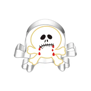 Stainless steel Halloween skull cookie cutter detail view, creative DIY baking pastry tool.