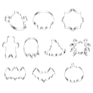 Detailed view of stainless steel Halloween cookie cutters set featuring cute shapes for baking.