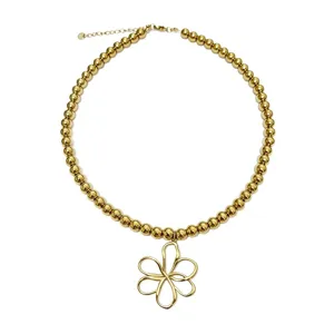 Gouden kralenketting met unieke onregelmatige holle bloemhanger chique mode sieraden