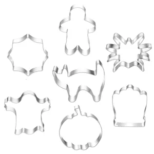 Stainless steel Halloween cookie cutters set featuring seven spooky shapes for baking DIY crafts.