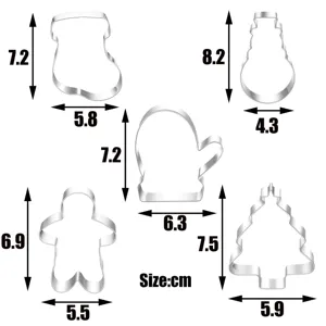 5pcs Christmas stainless steel cookie cutters set with dimension details for holiday baking.