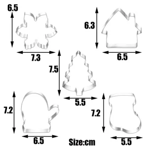 Christmas stainless steel cookie cutter set, snowflake tree house mitten stocking shapes detail.