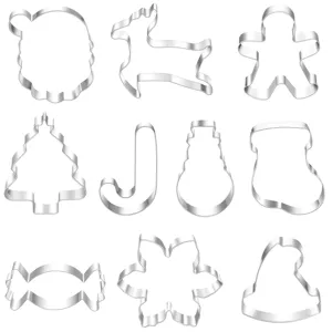 Stainless steel Christmas cookie cutter set detailed shapes for holiday baking and festive treats.