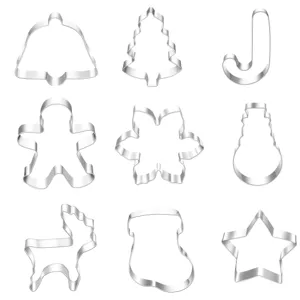 Stainless steel Christmas cookie cutters set, 9 assorted holiday shapes for baking.