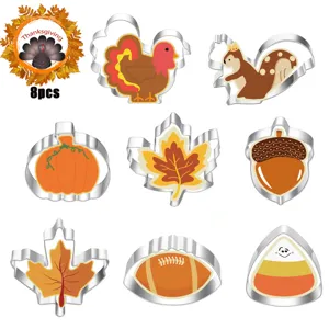 Detailansicht des 8-teiligen Thanksgiving Edelstahl Keksausstecher Sets für Backen.