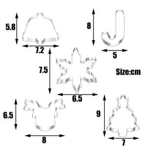 Detailed dimension diagram of 5-piece stainless steel Christmas cookie cutters set with sizes.