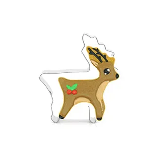 Stainless steel Christmas reindeer cookie cutter detail, cute holiday baking mold.