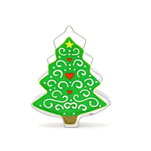 Stainless steel Christmas tree cookie cutter with festive green design for baking holidays.