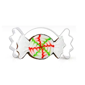 Stainless steel candy shaped cookie cutter detail, perfect for Christmas baking and fondant cakes.